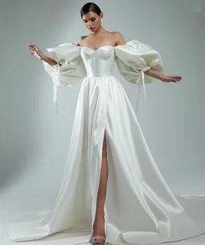 Элегантные Длинные атласные свадебные платья в стиле милой русалки цвета слоновой кости с коротким рукавом и шлейфом с разрезом для женщин