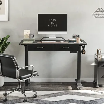 Электрический письменный стол с регулируемой высотой и двойным выдвижным ящиком, 48 x 24 дюйма, письменный стол для домашнего офиса со сплайсинговой столешницей Изображение 2