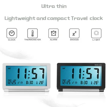 Электронный дорожный будильник с ночником Складные Портативные Бесшумные ЖКЧасы С режимом повтора Индикацией даты и температуры