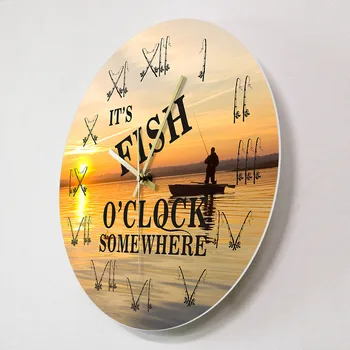 Это Рыбы часа где-то рыбацкая лодка на закате пейзажи настенные часы рыбака удочка удочка римскими цифрами домашний декор часы Изображение 2