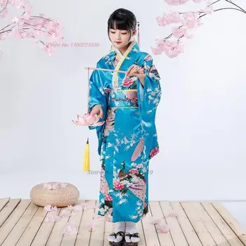 японское кимоно с цветочным принтом 2024, комплект юката + оби, детское винтажное платье, японский театральный костюм, традиционное кимоно-халат