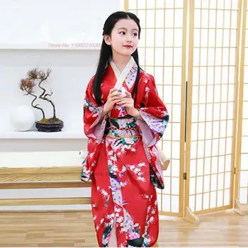японское кимоно с цветочным принтом 2024, комплект юката + оби, детское винтажное платье, японский театральный костюм, традиционное кимоно-халат Изображение 2