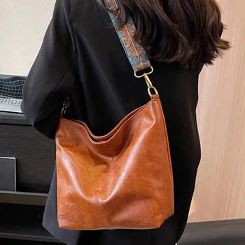 Винтажная женская сумка через плечо, однотонная модная сумка-слинг из искусственной кожи, повседневная сумка-ведро, большая сумка для покупок, женская сумка Изображение 2