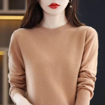 Кашемировый свитер из 100% чистой шерсти, женский пуловер с круглым вырезом, повседневный вязаный топ, осенне-зимнее женское пальто корейской моды Изображение 2