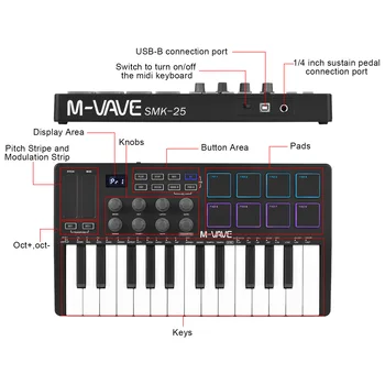 Клавиатура M-VAVE с 25 клавишами MIDI-контроллера, мини-портативная USB-клавиатура для аранжировки музыки, 8 аксессуаров для создания аранжировщика с RGB-подсветкой