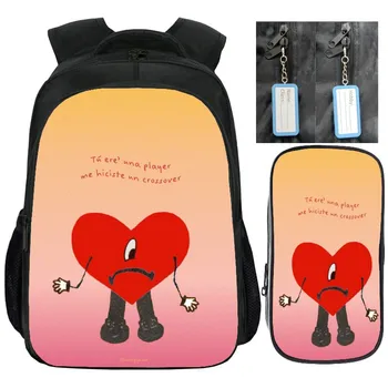 Периферийный рюкзак Bad Bunny, Мультяшный милый школьный рюкзак Love, сумка для ручек, комплект из 2 предметов, мужская и женская сумка для ноутбука из полиэстера на молнии.