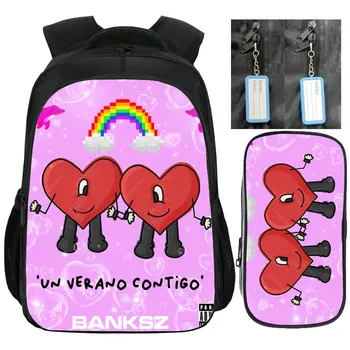 Периферийный рюкзак Bad Bunny, Мультяшный милый школьный рюкзак Love, сумка для ручек, комплект из 2 предметов, мужская и женская сумка для ноутбука из полиэстера на молнии. Изображение 2