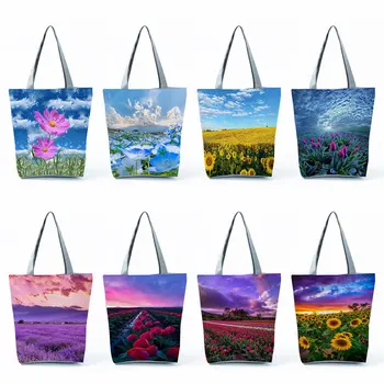 Сумки Портативные для путешествий с красивым пейзажным рисунком Повседневная сумка Яркие цвета Цветочный принт Многоразовые сумки для покупок большой емкости